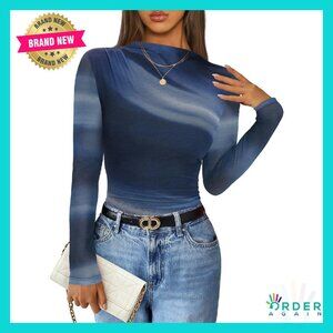 Floral Mesh Long Sleeve Mock Neck Ruched Fitted Top Y2K Chic